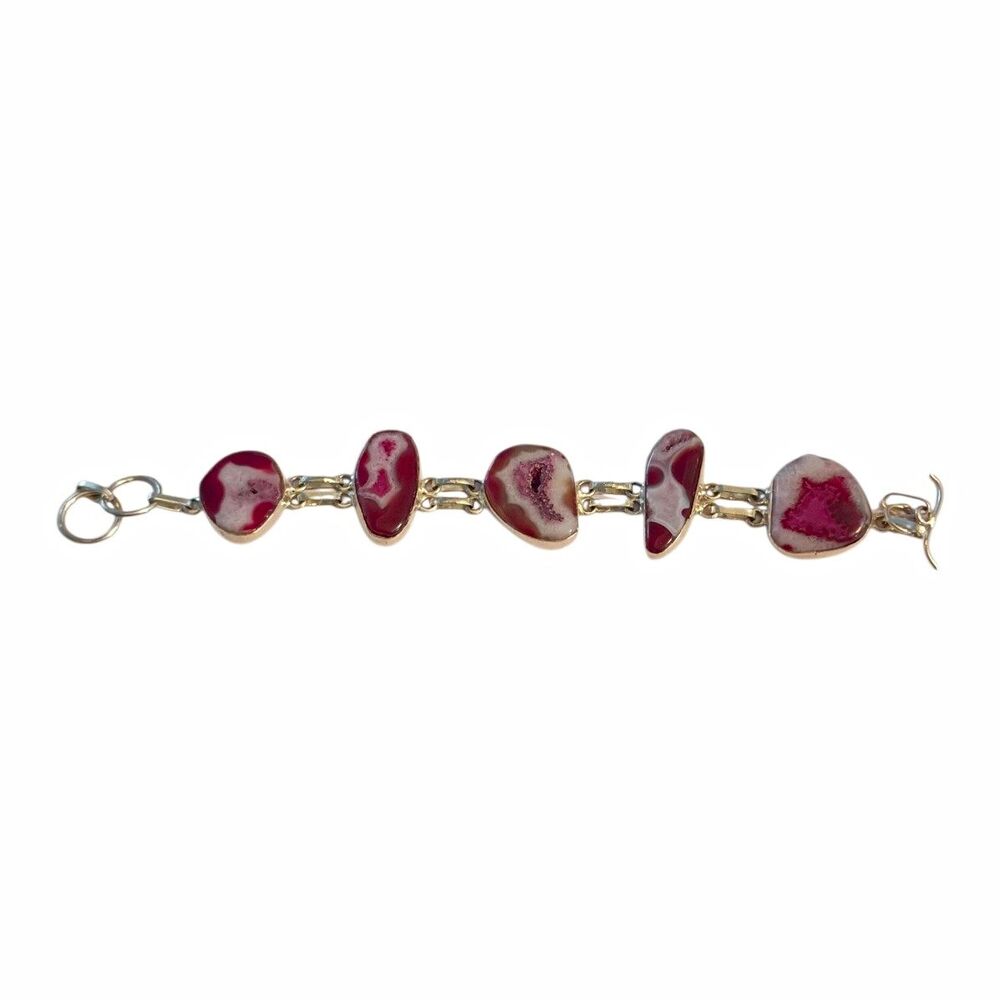 Vintage Sterling Silver Link Bracelet Natural Purple Agate 8"